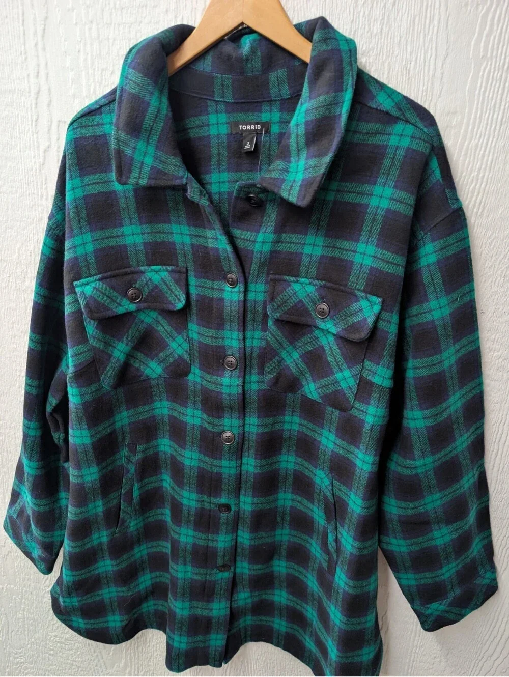NWT Torrid Brushed Twill Plaid 100% Cotton Shacket Pockets Green Size 3X 22-24